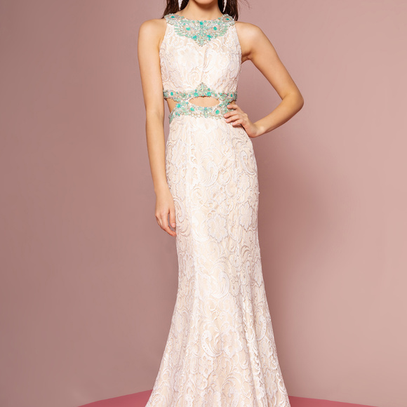 - Sequin Bodice Back Cuts Lace Mermaid Dress GL1403
